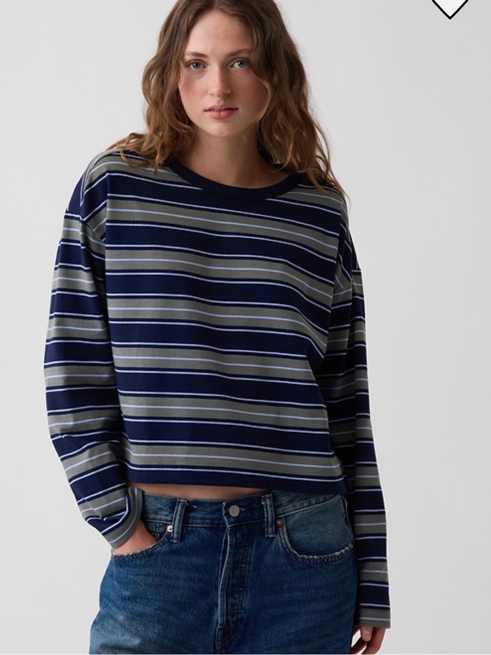 GAP Knit Oversized Crop T-Shirt In Castor Grey & Navy Blue Stripe NWT